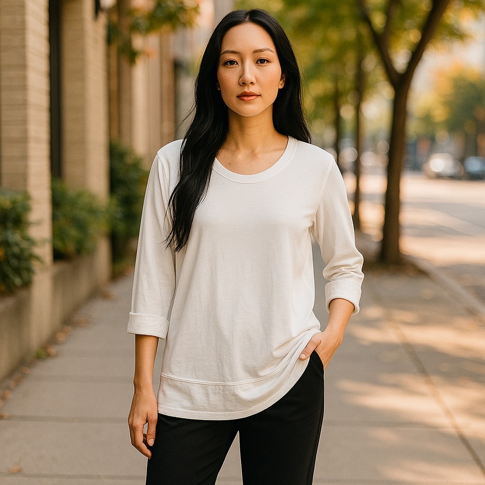 White 3/4 Sleeve Tunic with Relaxed Fit and V-Neckline